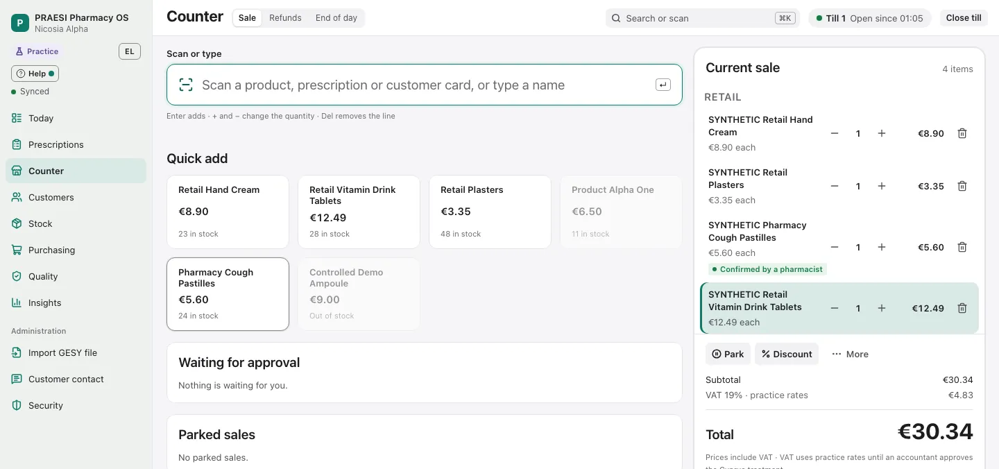 The Counter in PRAESI Pharmacy OS with practice data: a scan field, quick-add tiles for synthetic retail products, and a current sale of four synthetic items totalling €30.34.
